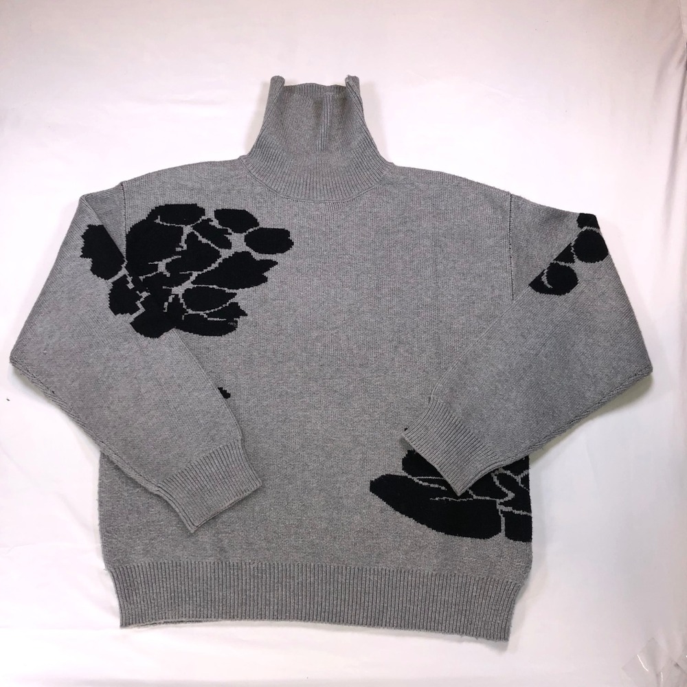 Ellen Tracy Womens Grey Black Floral Intarsia Turtleneck Sweater Size Medium